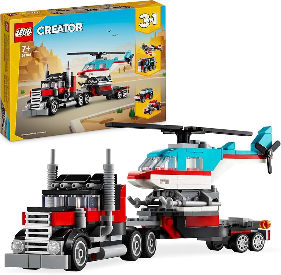 LEGO Creator 3in1 Tieflader mit Hubschrauber, Fahrzeuge-Set mit Helikopter- und LKW-Spielzeug, Flugzeug und Tanklaster, Hot Rod und SUV, Geschenk für 7-jährige Jungs und Mädchen 31146