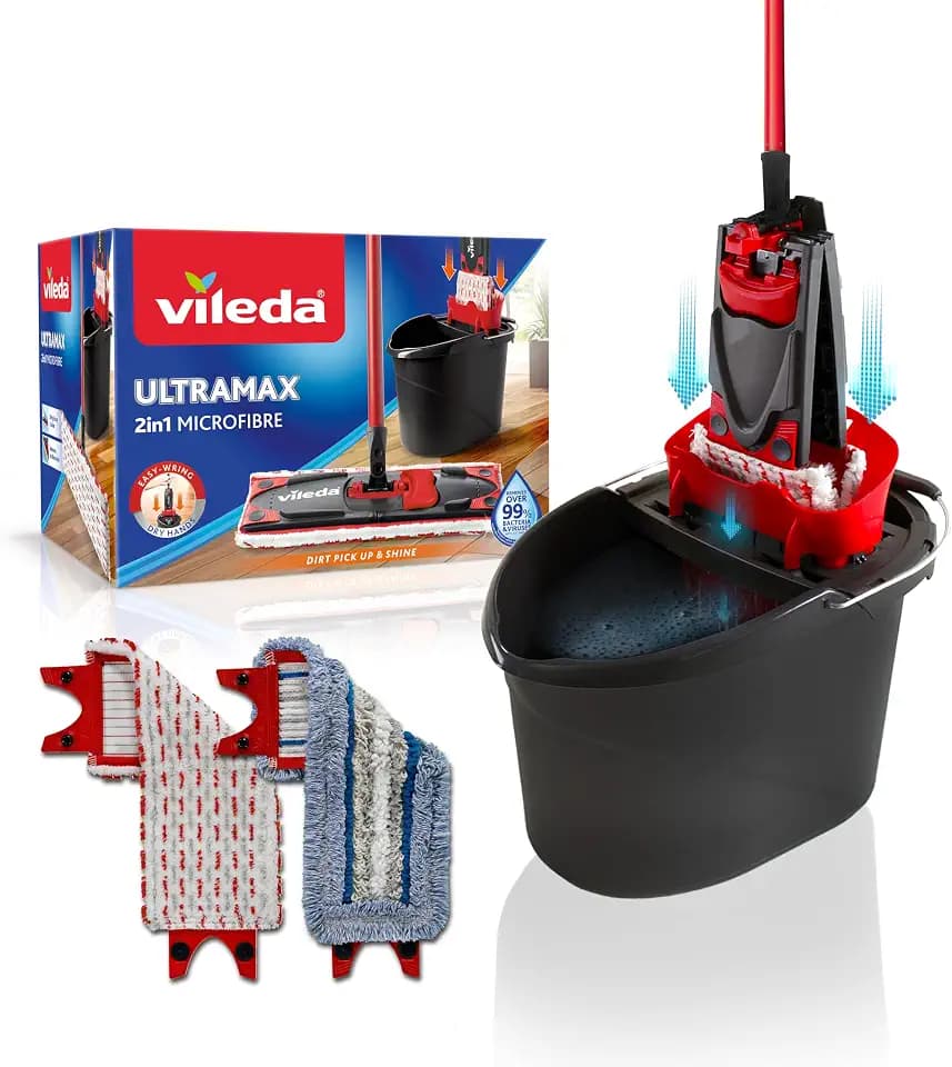 Vileda Ultramax Bodenwischer Komplett Set mit 2 Mikrofaserbezügen, 2in1 für alle Hartböden + Tiles Care Bezug speziell für Fliesen, Wischmopp Set mit Stiel und Eimer mit PowerPresse