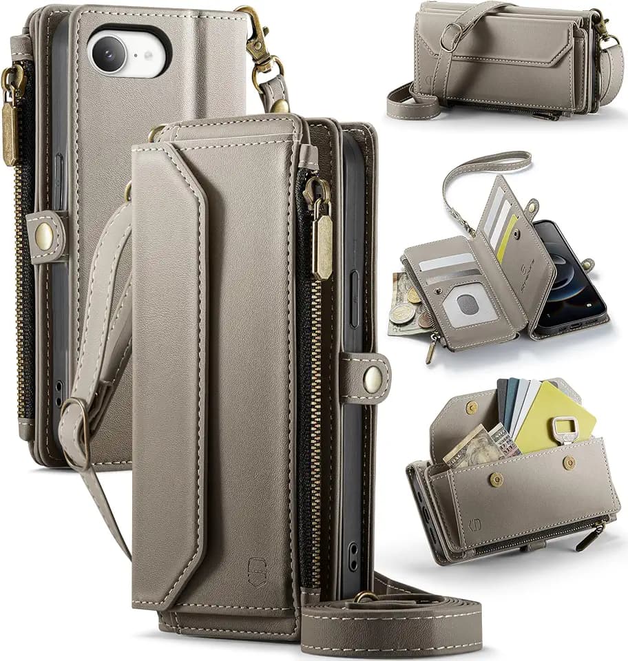 Strapurs for iPhone 17e / iPhone 16e - Zipper Strap Wallet Case, Grey