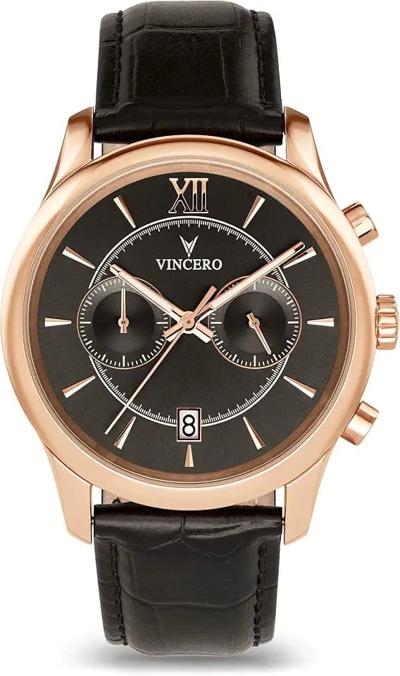 Vincero Herren Bellwether Chronograph Quarz Uhr Mit Lederband - Schwarz/Roségold