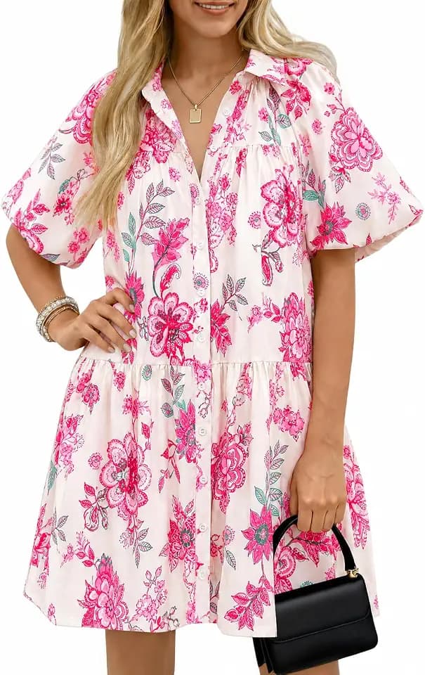 Wenrine Women's Summer Button Down Shirt Dress Floral Puff Short Sleeve