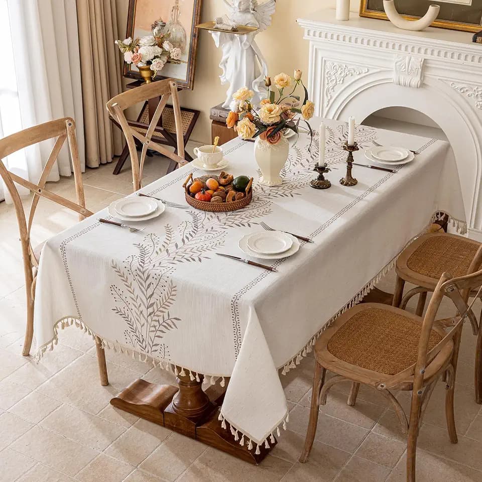 Joyfol Day Rustic Waterproof Linen Tablecloth, Heavy Weight Fern Embroidery Table Cloths for Square Tables, Farmhouse Spill-Proof Table Covers with Tassels, Coffee 55''x 55''