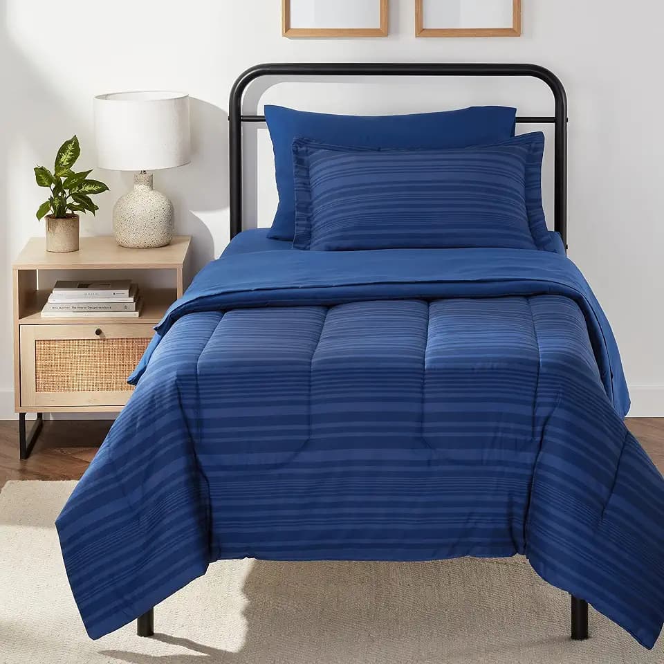 Amazon Basics Twin/Twin XL Comforter Set with Sheets, 5-Piece Blue Calvin Striped Bedding, Lightweight Microfiber Bed-in-a-Bag, Machine Washable