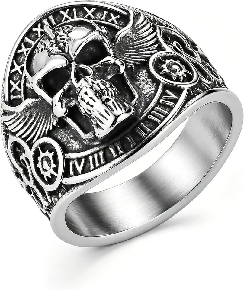 HZMAN Stainless Steel Skull Ring for Men, Vintage Gothic Punk Biker Skull Signet Ring, Heavy Duty Halloween Statement Jewelry Gift