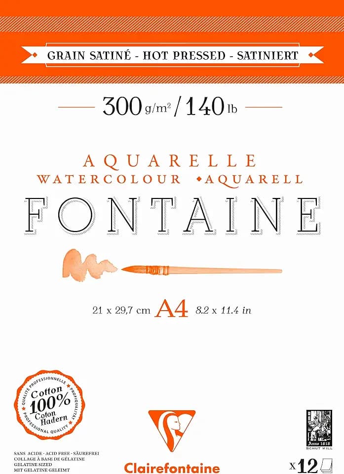 Clairefontaine 975948C - Aquarellblock Fontaine DIN A4 21x29,7cm, mit 12 Bogen 300g,satiniert, zweiseitig geleimt, 1 Block