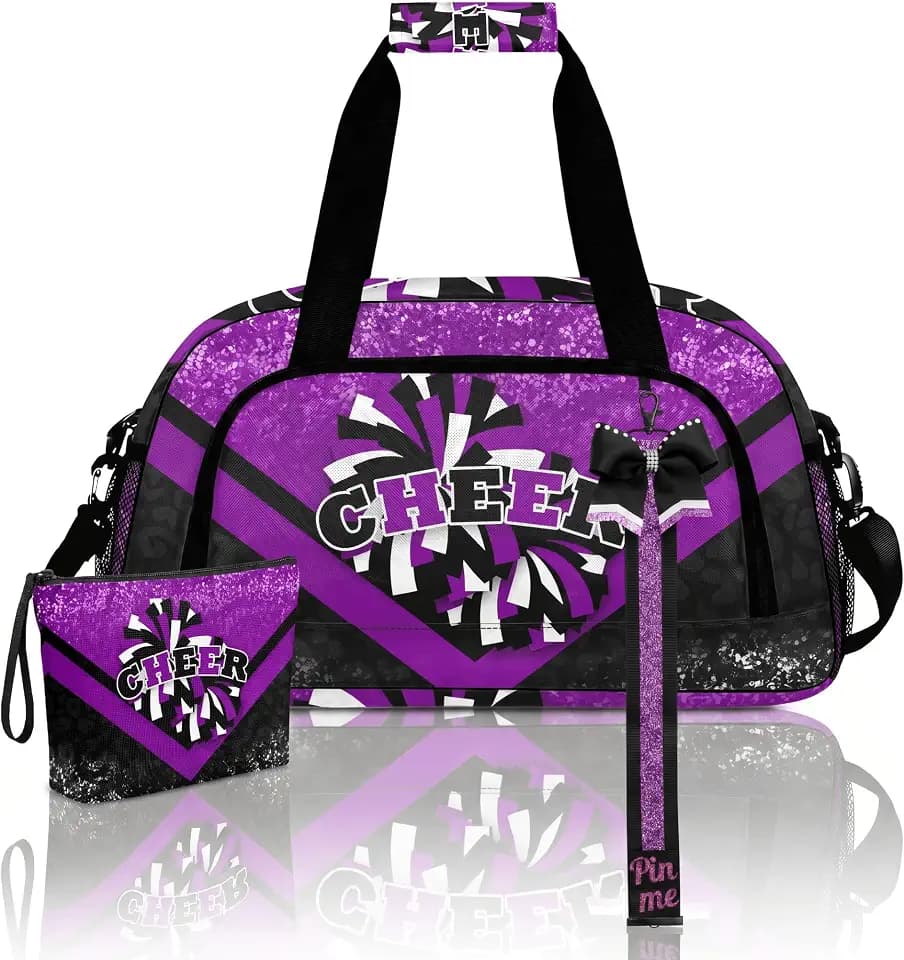 Cheer Duffel Bag Set with Makeup Bag & Bow Keychain, Sports Travel Gym Tote for Women Cheerleaders (Purple&Black)