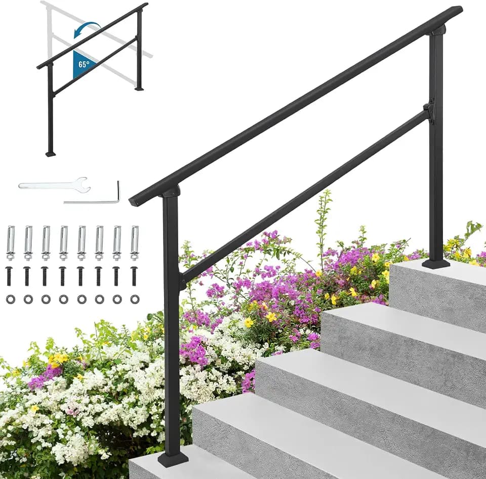 Upgraded Aluminum Handrails for Outdoor Steps, 4-5 Steps Stair Railing, Flexible Exterior Stair Railing for Concrete or Wooden Stairs, Transitional Handrails for Exterior Step with Installation Kit
