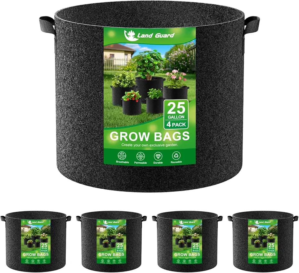 Land Guard 4-Pack Fabric Grow Bags 25 Gallon, Thickened Nonwoven Garden Pots, Growing Bags with Handles, Black