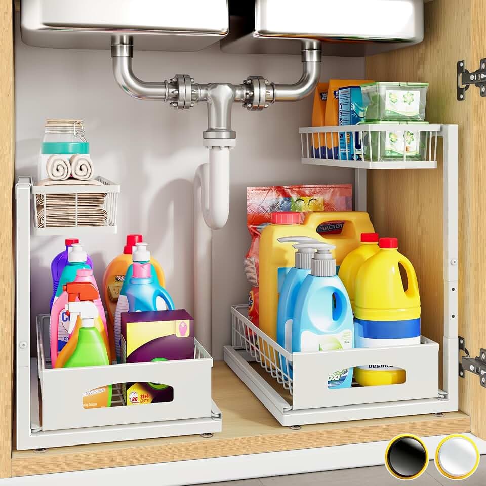 Under Sink Organizer, 2-Pack L-Shaped Metal Pull-Out Drawers for Kitchen