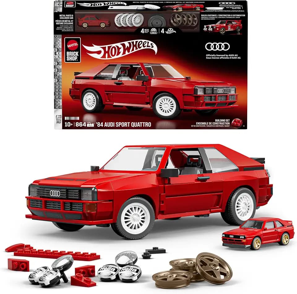 Mattel Brick Shop Hot Wheels '84 Audi Sport Quattro Bausatz | 864 Teile, realistische Details, individuelle Aufkleber, Metallauto im Maßstab 1:64, für Sammler & Kinder ab 10 J., JLK39