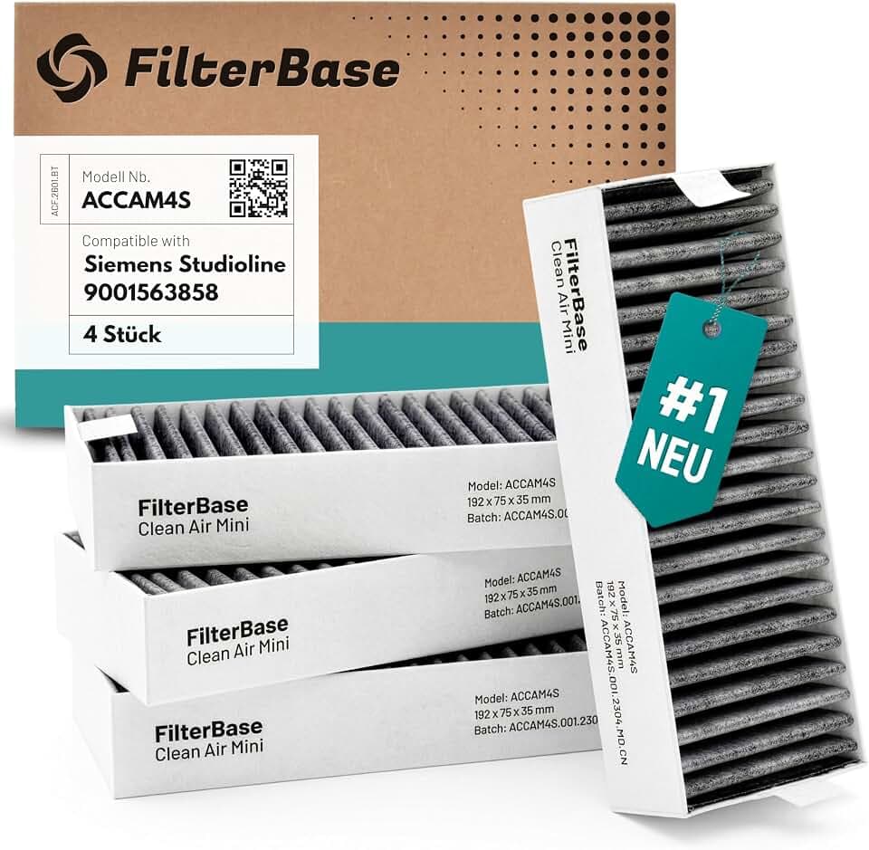 FilterBase® Aktivkohlefilter 4er Set - passend für 9001421821 9001563858 / Siemens Studioline HZ9VRCR0 / Bosch HEZ9VRCR0 / Neff Z821VR0 / Gaggenau CA282111 und Constructa CZ9VRCR0 (195x75x35 mm)