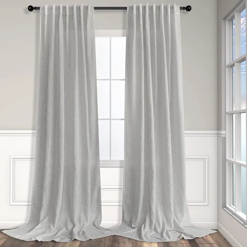Pitalk Extra Long Grey Curtains 120 Inch Length for Living Room Set 2 Panels Rod Pocket Loop Tab Draperies Light Filtering Semi Sheer Linen Light Gray Curtain for Patio Sliding Door Balcony 10 FT Tall