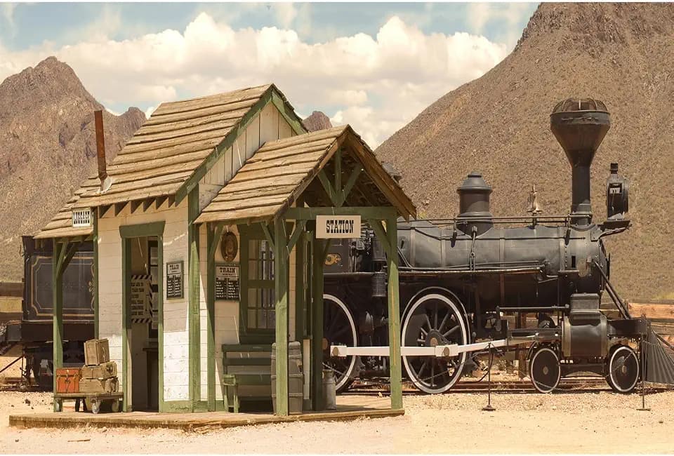 Old West Train Station Backdrop Vintage Western Locomotive Antique Train Photography Background Retro Luggage Storage Backdrop Wild West Train Cowboys Party Decors Portrait Studio Props 7x5ft