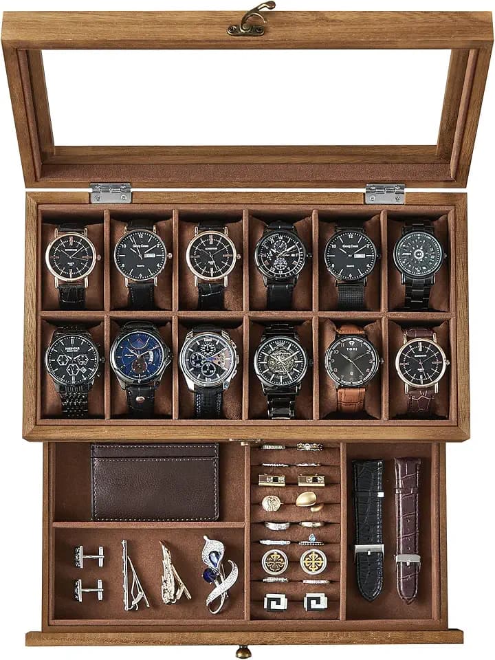 SONGMICS Uhrenbox mit 12 Fächern, aus Massivholz, mit Glasdeckel