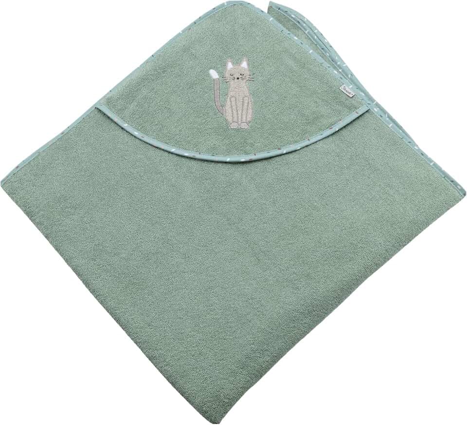 Sterntaler Kapuzenbadetuch 100x100 cm Katze Lilly - Badetuch mit Applikation - Babyhandtuch mit Kapuze aus saugfähiger Baumwolle, steingrün