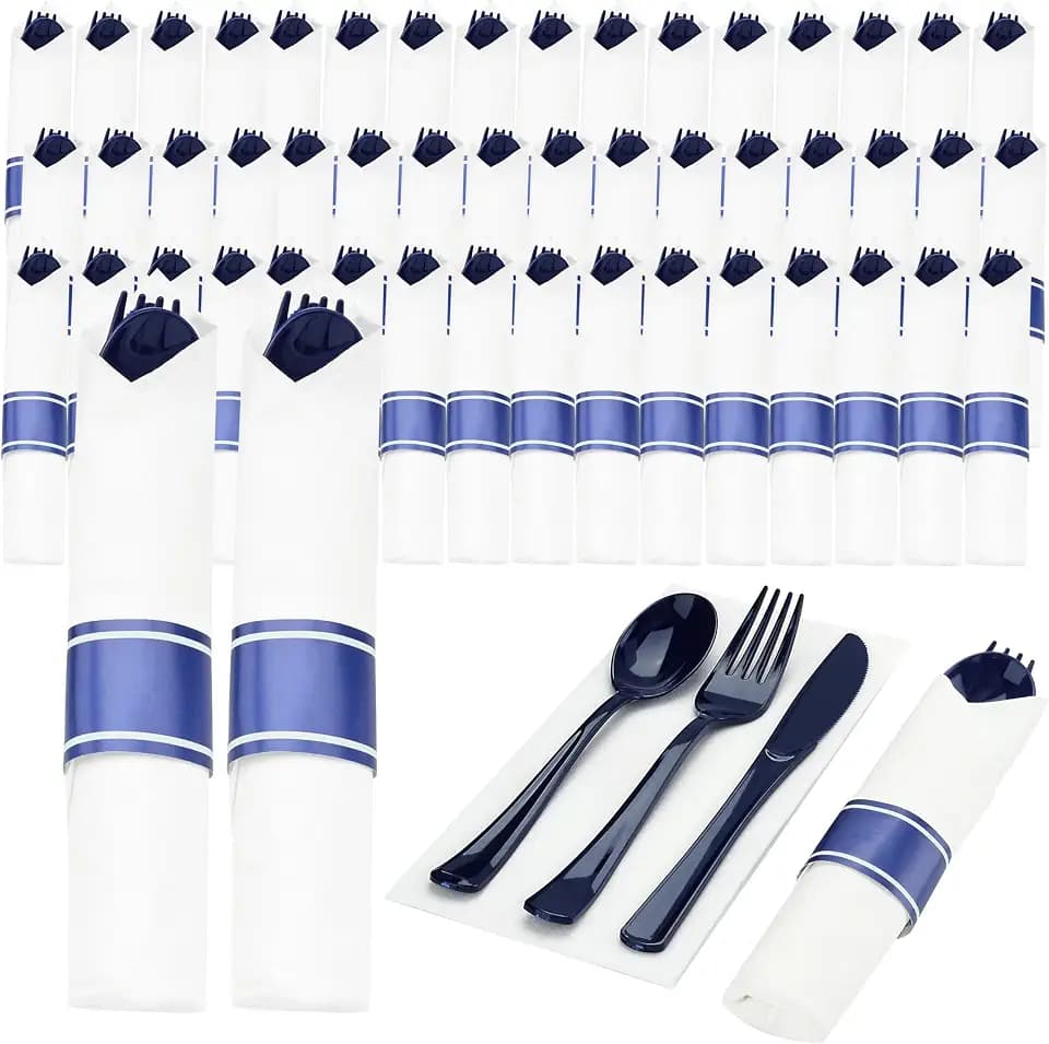 Goodluck 50 Set Dark Blue Pre Rolled Plastic Cutlery, Wrapped Silverware
