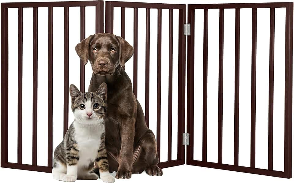 PETMAKER Pet Gate, 3 Panel Freestanding Dog Gate Indoor, Brown, 54”x23.75”