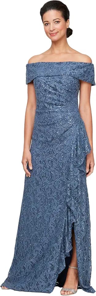 Alex Evenings Womens Long Foldover Off the Shoulder Gown, Formal Event, Mother of the Bride Dress