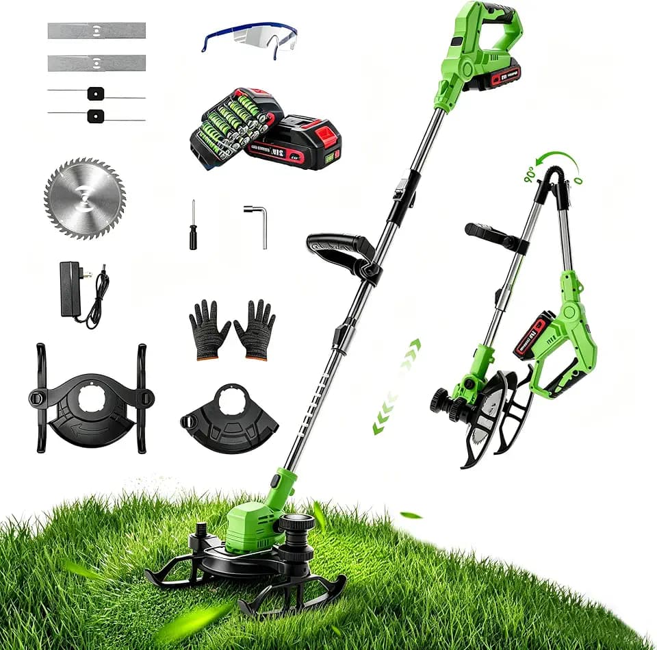 Cordless Weed Wacker, 21V Lightweight Electric Trimmer with 2 x 21V Batteries & Charger – 3-in-1 Grass Trimmer/Brush Cutter/Lawn Edger for Lawn Care