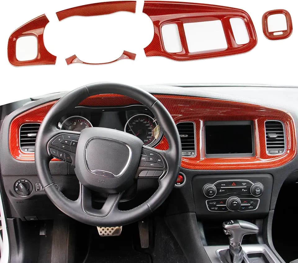 crosselec Carbon Fiber Center Consoles Dashboard Instrument Gauge Cluster Dash Air Vent Panel Kit Cover Trim Garnish Bezel for for Dodge Charger 2015-2023 (red Carbon Fiber)