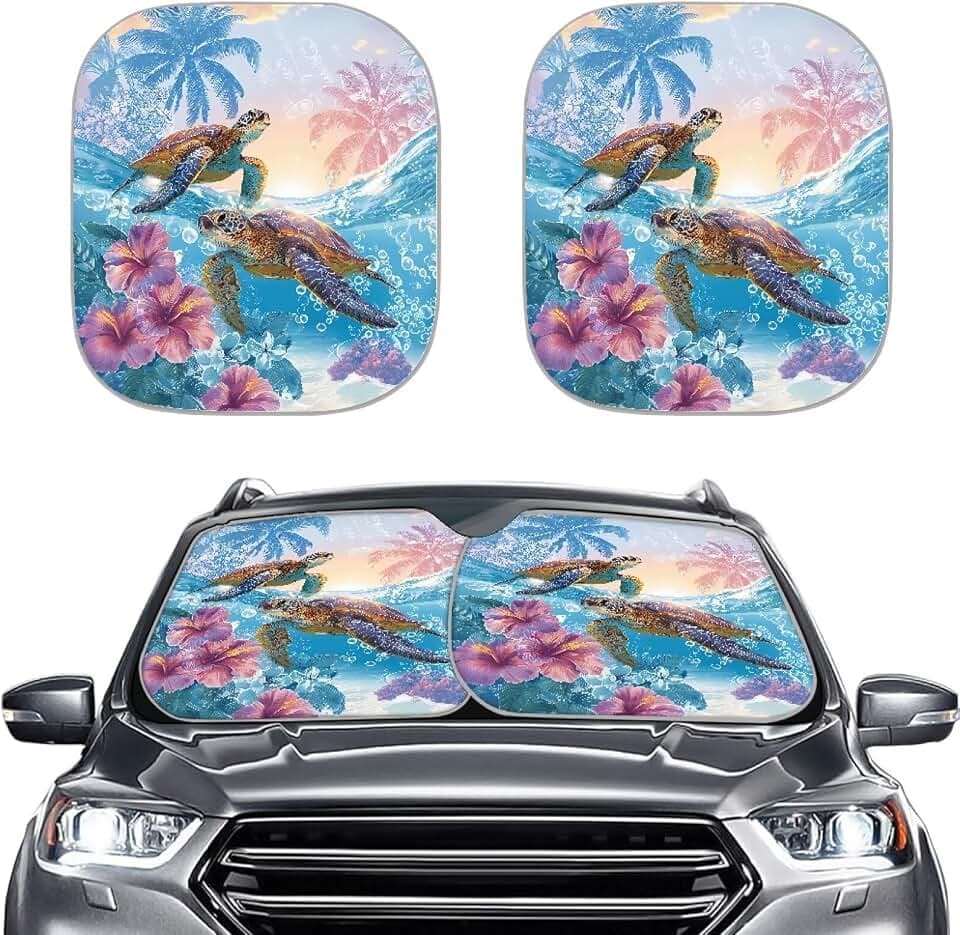 Renewold Car Front Windshield Sun Shade Auto Window Shade Foldable Sunshade Cover Sun Visor Shield Keep Vehicle Cool Tropical Hawaii Sea Turtle Flower Easy Install Summer Car Interior Accessories 2Pcs