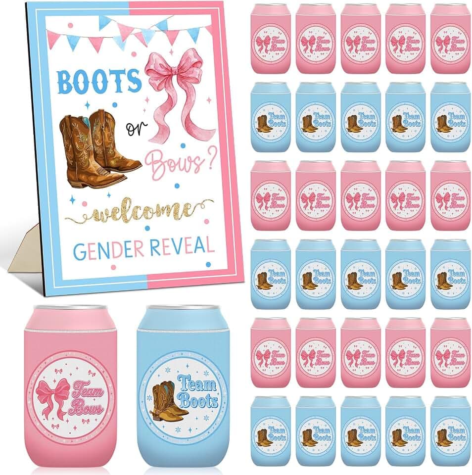 SiliFine 37 Pcs Boots and Bows Can Coolers Gender Reveal Party Favors