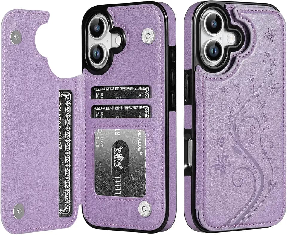 Korecase Compatible with iPhone 17 Wallet Case with Card Holder,Butterfly Double Magnetic Back Flip PU Leather Kickstand Card Slots Cover for Girls Women for iPhone 17 (6.3")-Purple