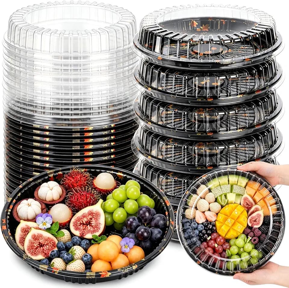 25 Pack Catering Trays with Lids, 10" Round Serving Tray with Clear Lid, Disposable Plastic Party Platters, Heavy Duty Sushi Fruit Veggie Trays, Cookie Food Container for Snack Sandwich, Black