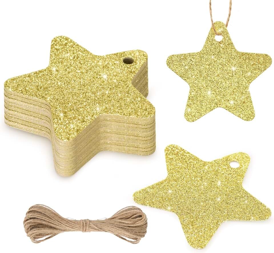 KINGLAKE 40 Stück Geschenkanhänger Weihnachten Glitzerndrnd Stern, mit Schnur
