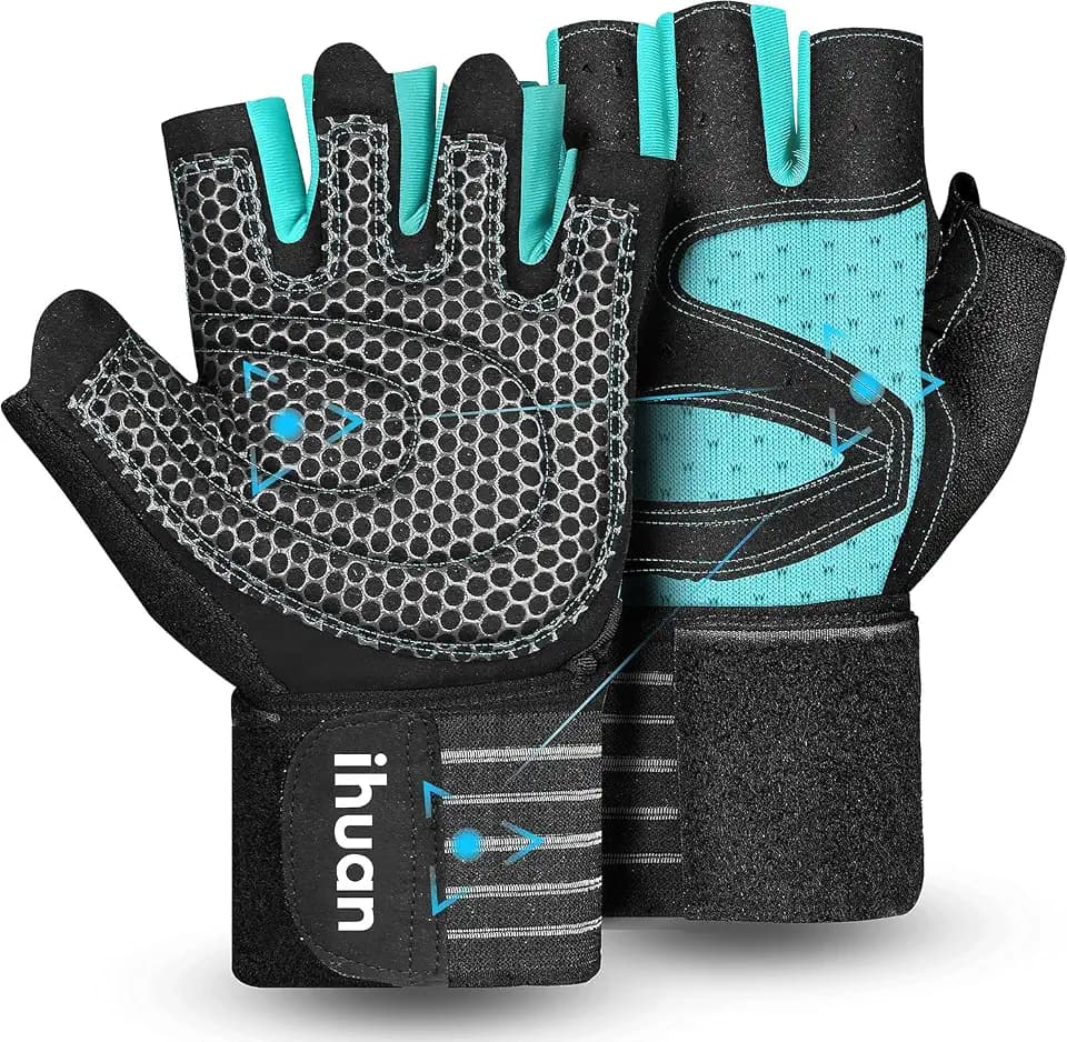 ihuan Belüftete Fitness Handschuhe mit Handgelenkband-Unterstützung für Herren und Frauen | Schwarze Trainingshandschuhe | kompletter Handflächenschutz für Gewichtheben, Training