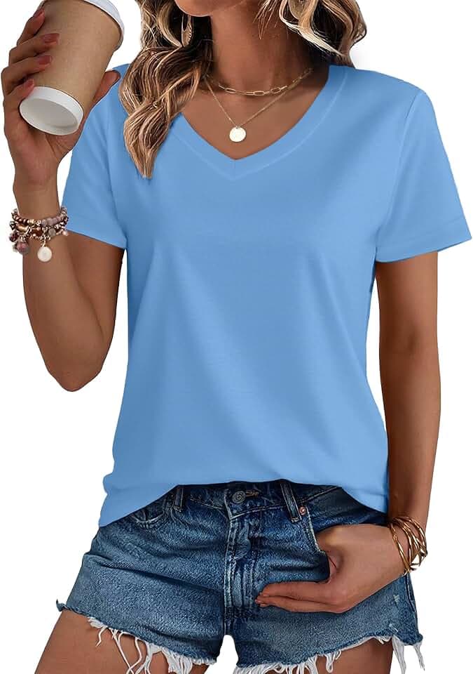 SMENG Women's Cotton V Neck T-Shirt Short Sleeve Solid Color Tee