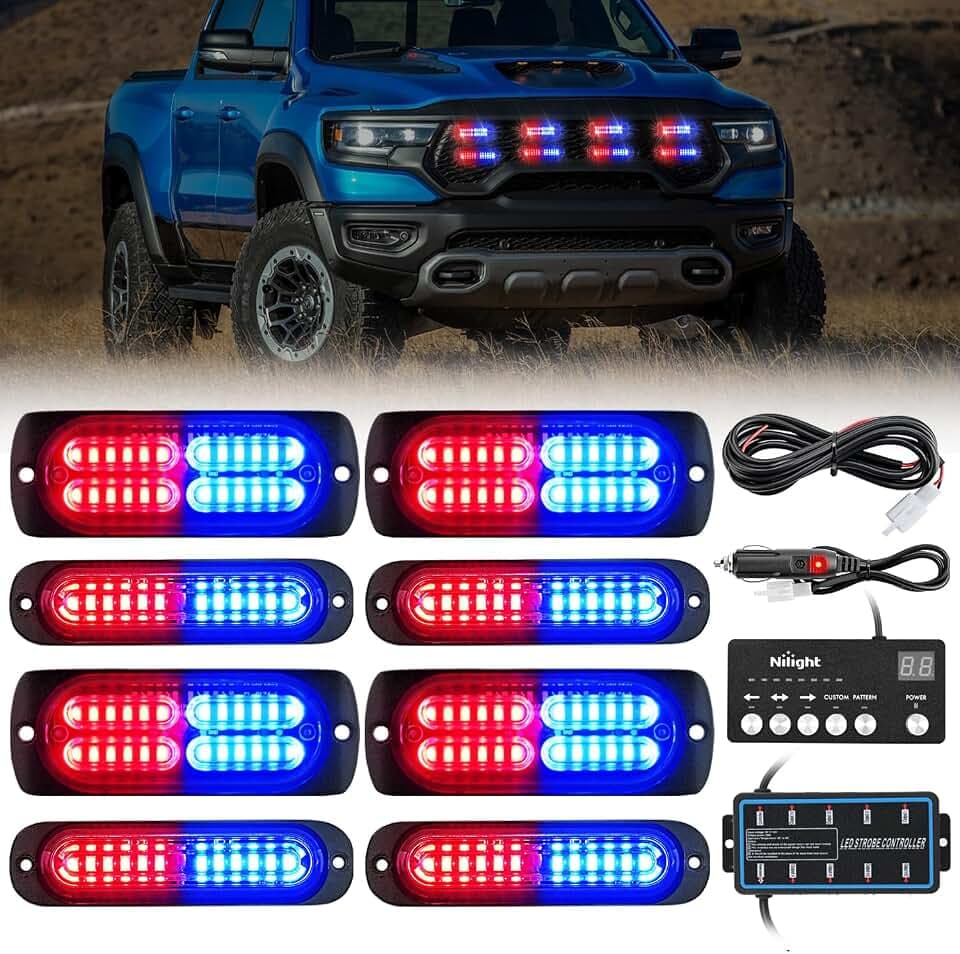 Nilight 8PCS Led Strobe Lights with Controller 12/24V Sync Feature Red Blue