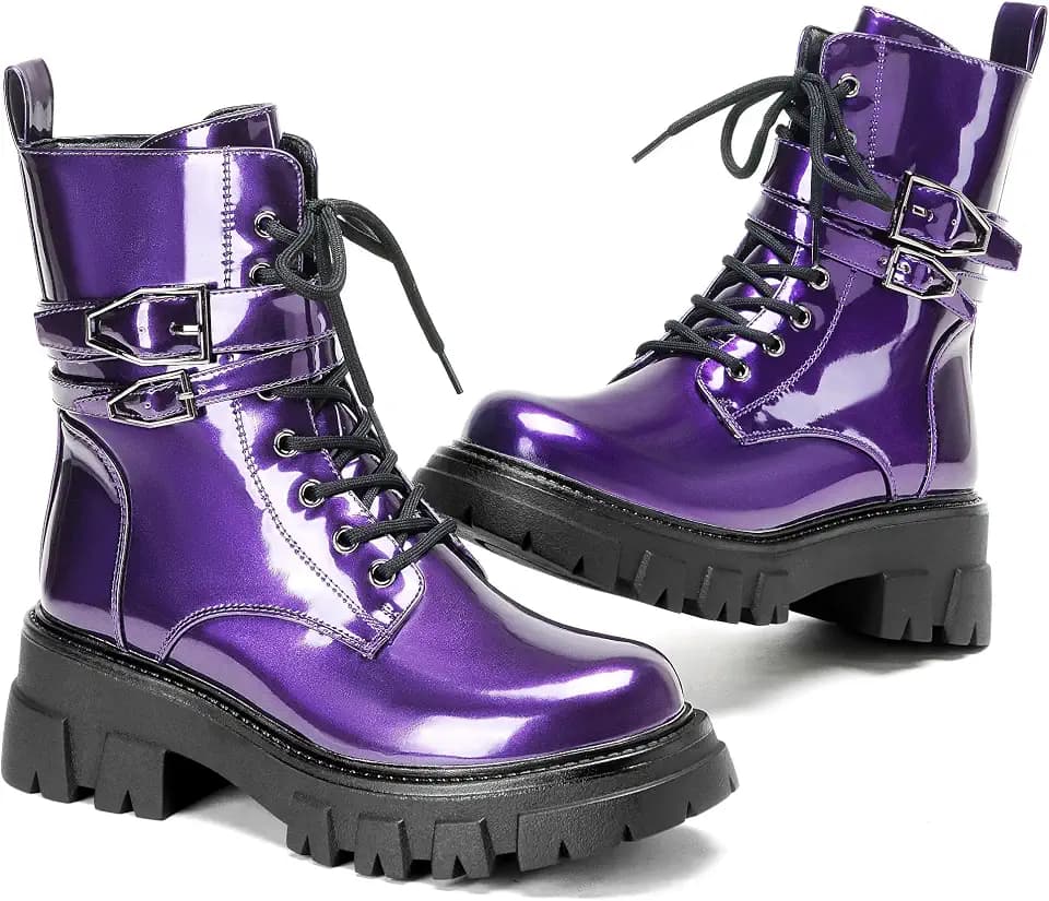 Black Combat Boots Women Purple Boots for Women Rave Boots Beige Gunmetal Cute Shoes Buckle Lug Sole