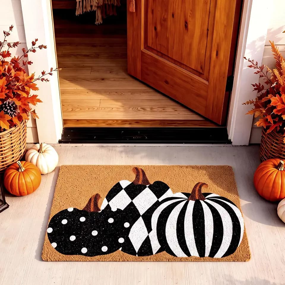 Drydiet Black White Pumpkin Door Mat Fall Welcome Door Mat 17.7 x 30 in
