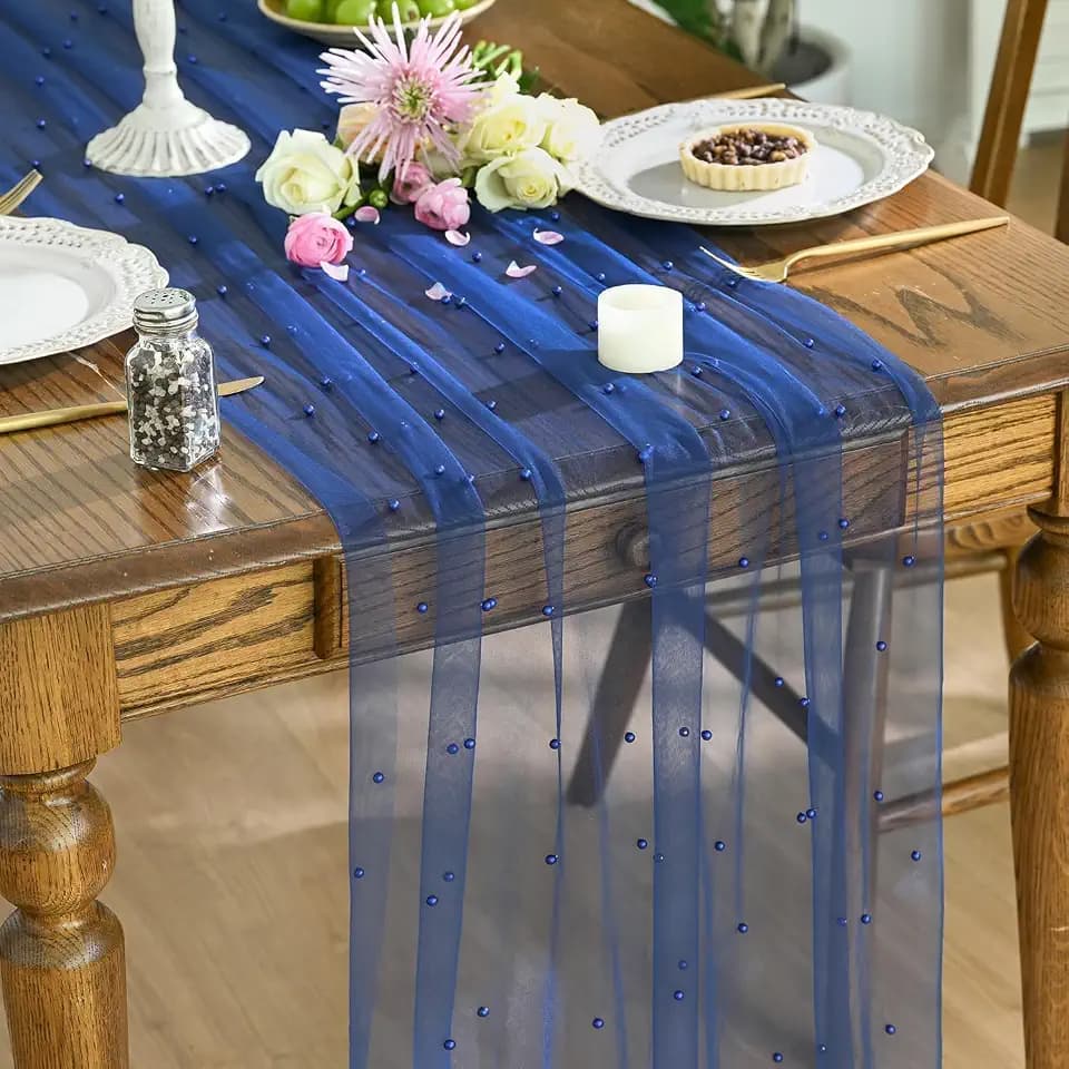 Artoid Mode Pearl Dark Bule Gauze Table Runner 59x120 Inch Home Decor