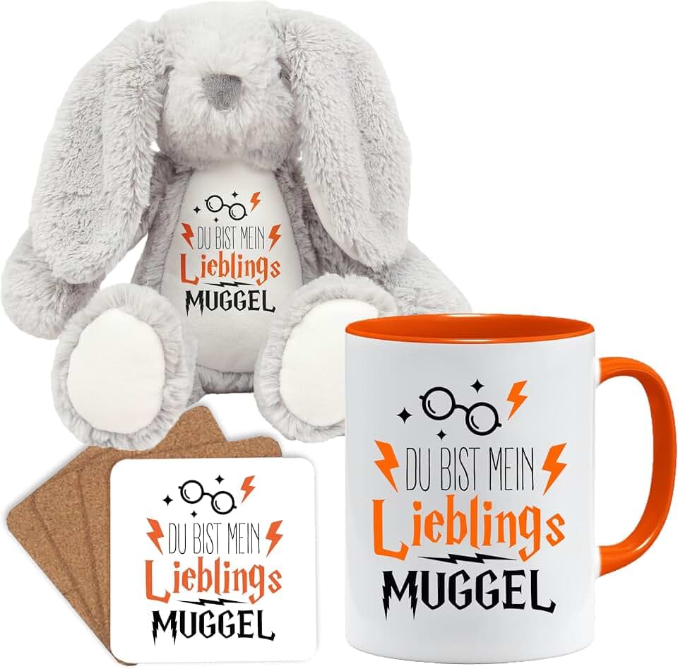 Lustige Geschenk Tasse mit spruch | Du bist mein lieblings Muggel | Geschenkidee | Muggel Tasse | Geschenkidee für Freund (Teddy, Tasse und Untersetzer Set (Orange))