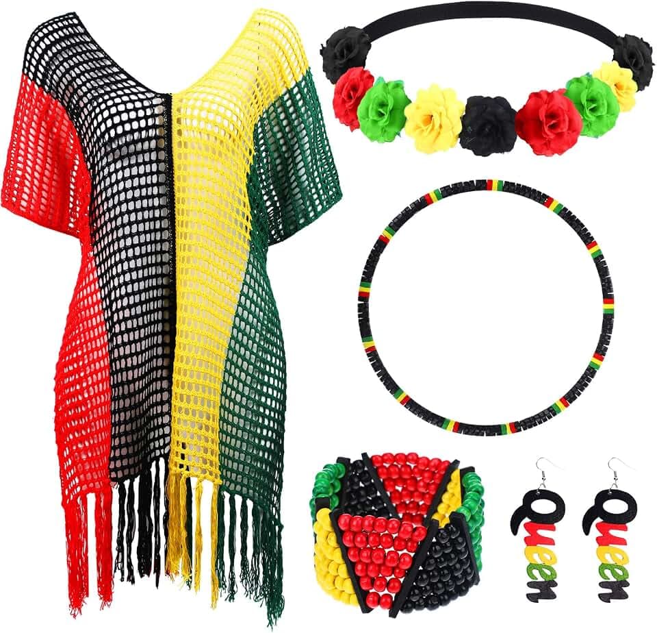 Hicarer 5 Pcs Juneteenth Jamaican Outfits for Women African Reggae Rasta Swimwear Cover Ups Beach Jewelry Accessories