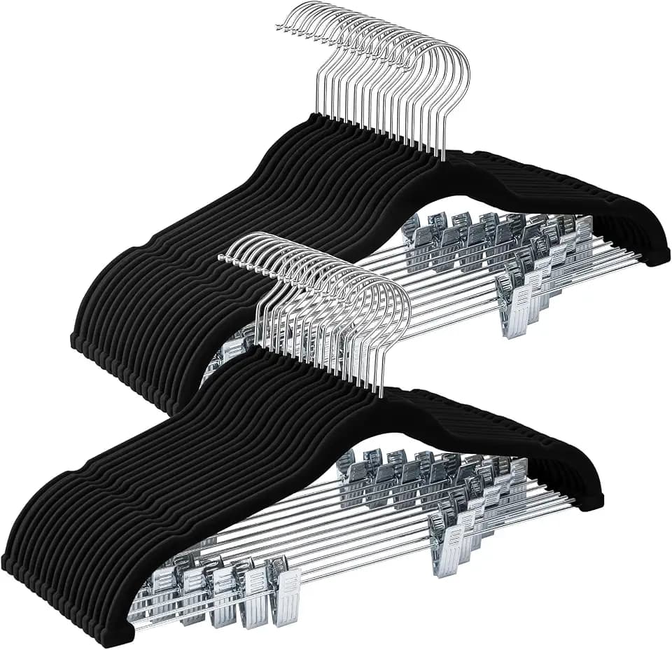 36-Pack Black Velvet Hangers with Clips Adjustable,Adult Hangers,Heavy-Duty,Felt,Non-Slip,Space Saving,Slim Outfit Hanger for Pants, Skirts, Suits,Coats, Dresses ect.