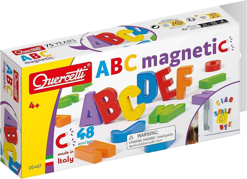 Quercetti Magnetic Letters Refill, 48 Magnetbuchstaben Groß, Magnetspiel Zubehör Spielzeug ab 4 Jahre Kinder, Lernspiele, Sensorik Spielzeug, Reisespiele