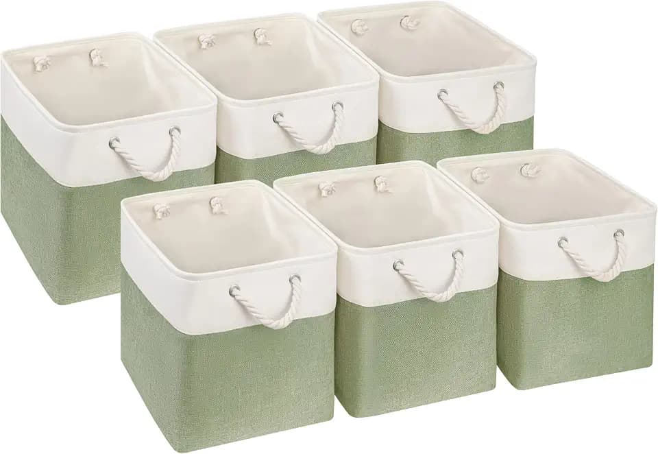 Aufbewahrungsboxen Stoff,33x33x33cm Boxen für Schrank Regal und Kleidung Garderobe,Waschbar(Grün/Weiß, 6 Pack)