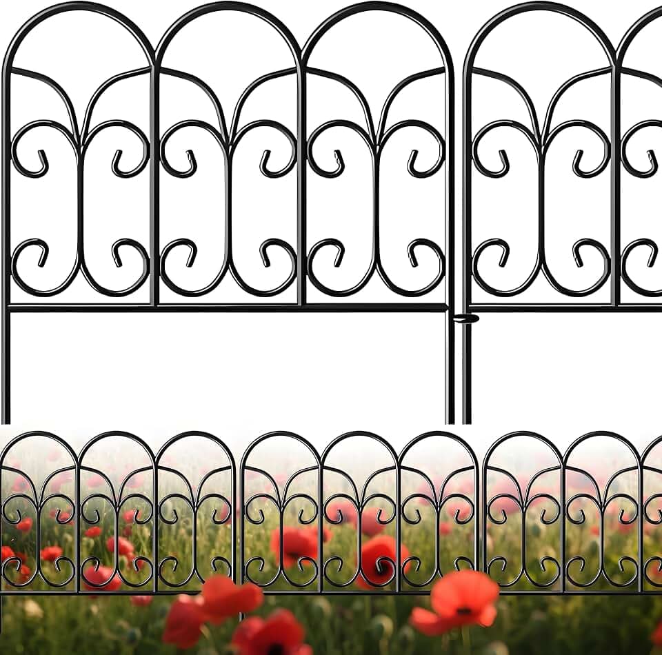 Amagabeli Dekoratives Gartenzaun 46cm(H) x 46cm(L) (5 Panels, Gesamtlänge 2.3m), Rostfrei Metallzaun ohne Graben für Außenbereich, Grenzzaun, Hundezäune für Blumenbeete, Schwarz
