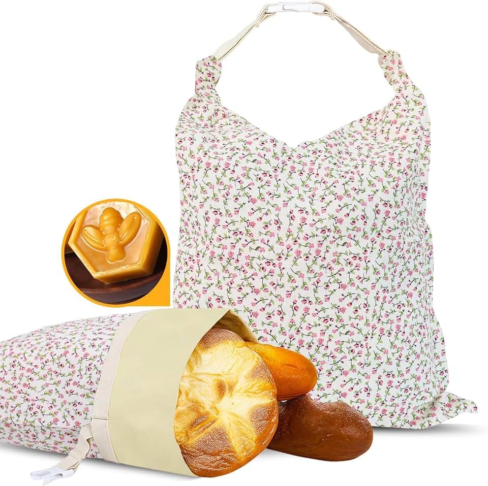 2 Pack Beeswax Bread Bags - 17x13 Inch Reusable Bread Storage Bags,Bees Wax Lined Bread Bags for Home Cooks fresh bread storage Easy Clean (Pink Floral)