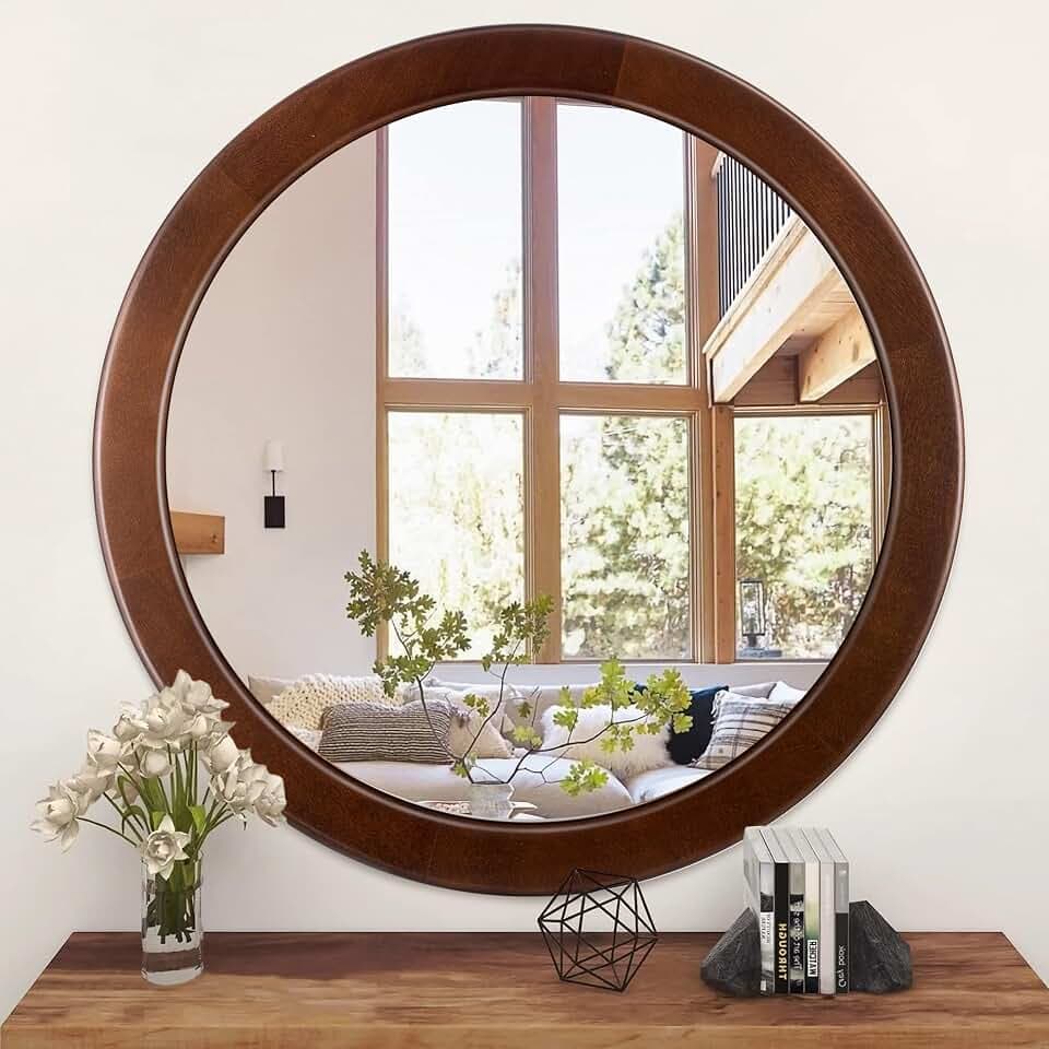 Round Mirrors 30 Inch,Wood Vanity Wall Rustic Mirror With Walnut Frame