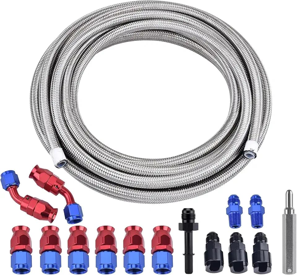 EVIL ENERGY 6AN 3/8" PTFE LS Swap EFI Fuel Line Fitting Kit, E85 Stainless Steel Braided Fuel Hose 25FT Silver