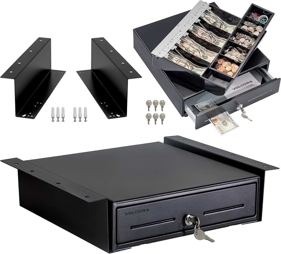 Volcora Cash Register Drawer with Under Counter Mounting Metal Bracket, 13" Black Cash Drawer for POS, 4 Bill 5 Coin Cash Tray, Fully Removable 2Tier Compartment 12-24V RJ11/RJ12 Key-Lock