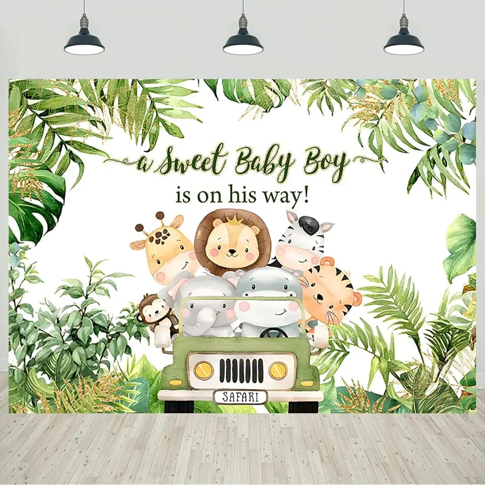 7x5ft Safari Baby Shower Backdrop A Sweet Baby Boy is On His Way Jungle Cartoon Animals Palm Leaves Photography Background Boys Baby Shower Party Decorations Banner Photo Studio Props