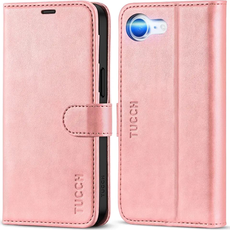 TUCCH Case Wallet for iPhone 17e 16e (6.1"), RFID Blocking Folio, Rose Gold