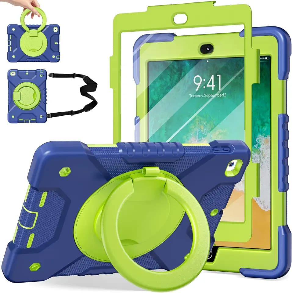 Andnary Case for iPad 6th/5th Generation 9.7 inch 2018/2017 Case, iPad Air 2 Case 9.7 inch Heavy Duty Protective Cover with 360° Rotate Handle Stand/Pencil Holder/Shoulder Strap (Navy+Green)