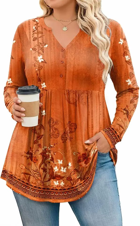 IN'VOLAND Plus Size Tops for Women Long Sleeve Henley Shirts Flowy Blouse
