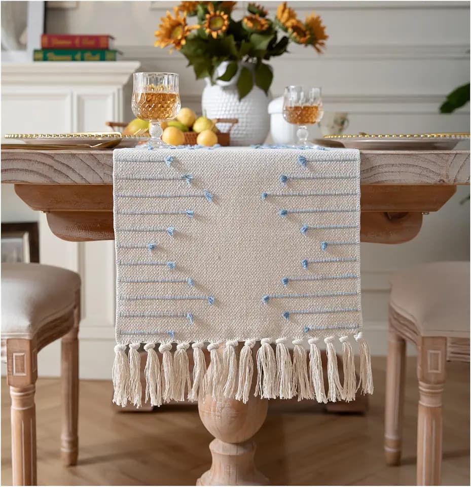 Caflife Light Blue Cotton Linen Rustic Boho Table Runner 13x108 Inch Long